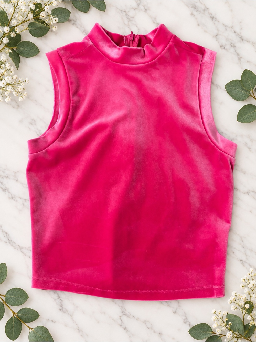 Good American Hot Pink Velour Mock Neck Sleeveless Top XS